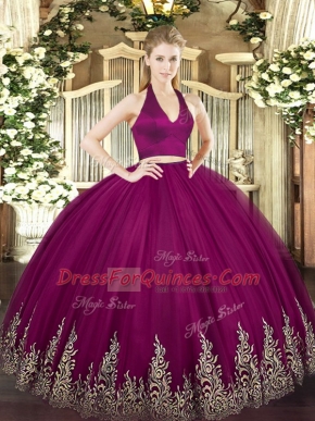 Fuchsia Tulle Zipper Halter Top Sleeveless Floor Length Quince Ball Gowns Appliques