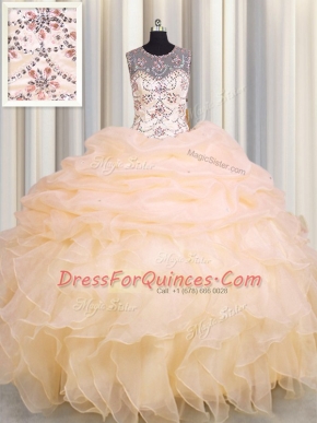Fashion Scoop See Through Sleeveless Floor Length Beading and Ruffles and Pick Ups Lace Up 15 Quinceanera Dress with Peach