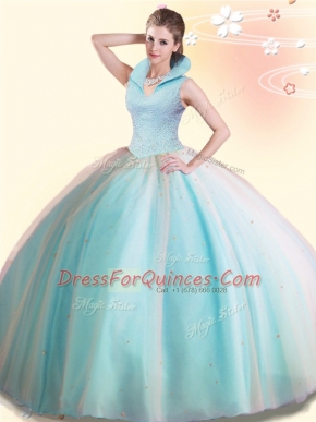 Custom Designed Backless High-neck Sleeveless Sweet 16 Dress Floor Length Beading Aqua Blue Tulle