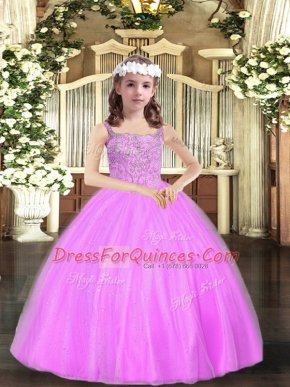Lilac Tulle Lace Up Straps Sleeveless Floor Length Pageant Dresses Beading