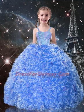 Baby Blue Organza Lace Up Straps Sleeveless Floor Length Little Girl Pageant Dress Beading and Ruffles