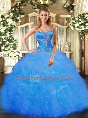 Best Selling Blue Lace Up Sweetheart Beading and Ruffles 15th Birthday Dress Organza Sleeveless