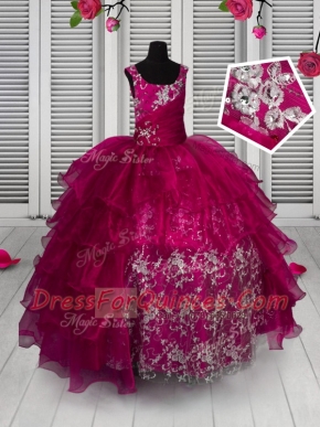 Fuchsia Ball Gowns Appliques and Ruffled Layers Little Girls Pageant Gowns Lace Up Organza Sleeveless Floor Length