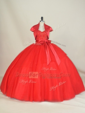 Red Ball Gown Prom Dress Sweet 16 and Quinceanera with Beading and Bowknot Sweetheart Sleeveless Lace Up
