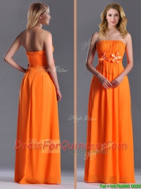 Empire Strapless Ruching Chiffon Long Prom Dress in Orange