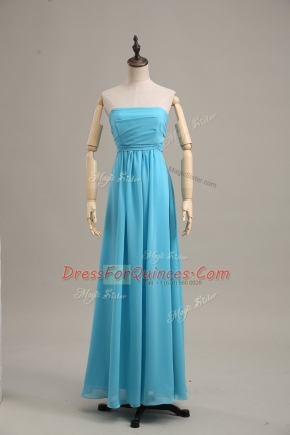 Glamorous Baby Blue Empire Strapless Sleeveless Chiffon Floor Length Zipper Ruching Juniors Party Dress