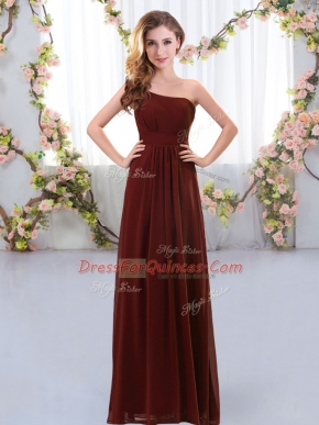 Custom Fit Brown Zipper One Shoulder Ruching Dama Dress for Quinceanera Chiffon Sleeveless