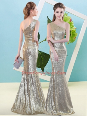 Sequined One Shoulder Sleeveless Zipper Sequins Prom Dress in Champagne