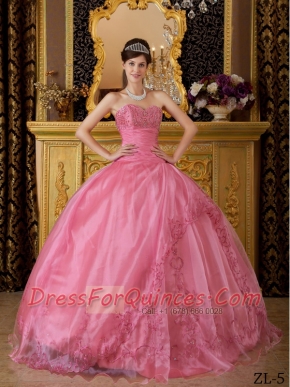 Rose Pink Ball Gown Sweetheart 15th Birthday Dresses with  Appliques Organza