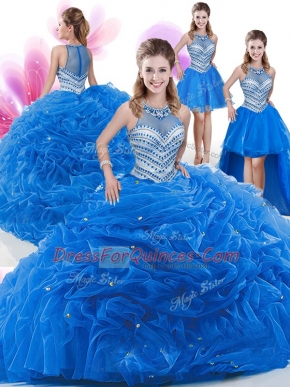 Modern Four Piece High-neck Sleeveless Ball Gown Prom Dress Floor Length Beading and Pick Ups Royal Blue Organza
