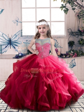 Popular Coral Red Scoop Lace Up Beading and Ruffles Kids Formal Wear Sleeveless