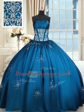 Simple Taffeta Strapless Sleeveless Lace Up Beading and Appliques and Ruching Vestidos de Quinceanera in Blue and Teal