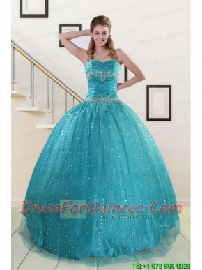 Perfect Spaghetti Straps Appliques Sequins Turquoise Quinceanera Dresses for 2015