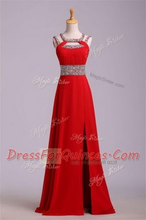 Halter Top Sleeveless Satin Floor Length Zipper Dress for Prom in Red with Beading and Belt