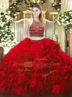 Red Sleeveless Floor Length Beading and Ruffles Zipper Sweet 16 Quinceanera Dress