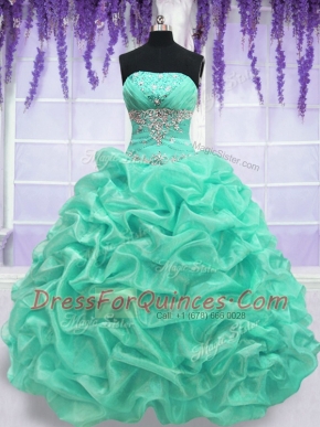 Sweet Floor Length Turquoise Quince Ball Gowns Organza Sleeveless Beading