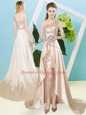 Fine Champagne Sleeveless Elastic Woven Satin and Sequined Lace Up Evening Dress for Prom and Party