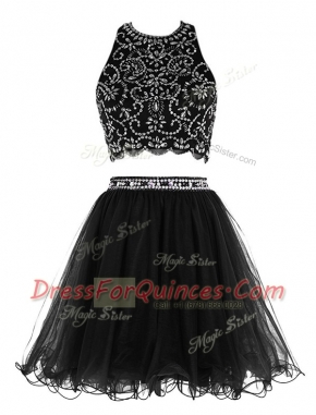 Scoop Black Chiffon Clasp Handle Prom Evening Gown Sleeveless Mini Length Beading