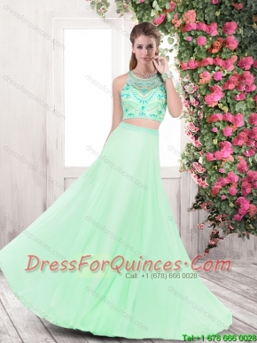 Luxurious Beaded Apple Green Prom Dresses with Brush Train