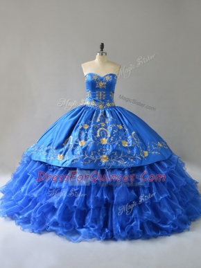 Custom Design Sweetheart Sleeveless Satin Ball Gown Prom Dress Embroidery and Ruffles Lace Up
