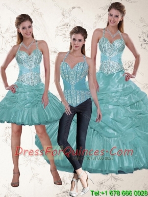 Fashionable Halter Top Aqua Blue Cheap Quince Dresses with Beading and Ruffles