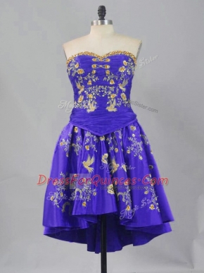 Purple Lace Up Sweetheart Sleeveless Mini Length Evening Dress Embroidery
