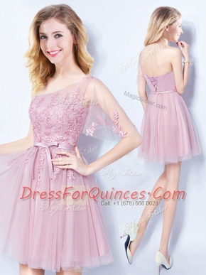 Noble Pink Tulle Lace Up One Shoulder Sleeveless Mini Length Quinceanera Court Dresses Appliques and Belt