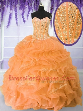 Orange Lace Up Quince Ball Gowns Beading and Ruffles Sleeveless Floor Length