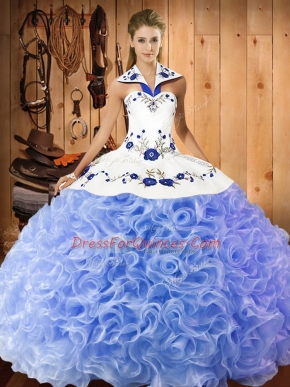 Lavender Lace Up Halter Top Embroidery Quinceanera Dresses Fabric With Rolling Flowers Sleeveless