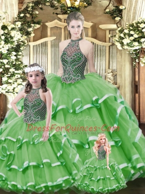 Top Selling Green Lace Up Quinceanera Dresses Beading and Ruffled Layers Sleeveless Floor Length
