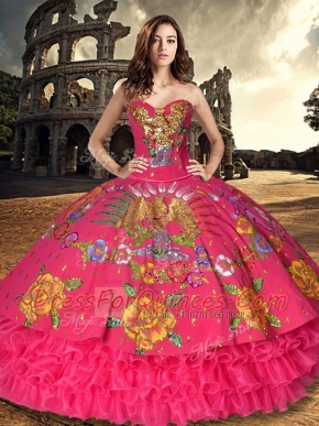 Sleeveless Lace Up Floor Length Embroidery and Ruffled Layers 15th Birthday Dress