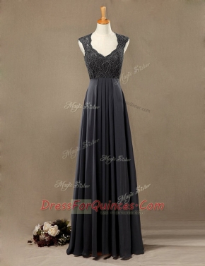 Nice Scoop Floor Length Black Evening Dress Chiffon Sleeveless Lace