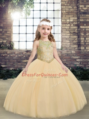 High Class Sleeveless Tulle Floor Length Lace Up Kids Formal Wear in Peach with Beading