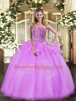 Sleeveless Floor Length Beading and Ruffles Lace Up Quinceanera Dresses with Lilac