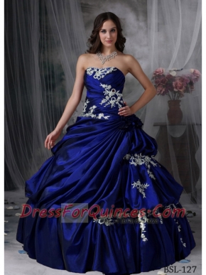 Popular Strapless Floor-length Ball Gown Taffeta Appliques Discount Quinceanera Dresses
