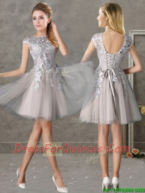 Most Popular Bateau Cap Sleeves Grey Prom Dresses with Lace