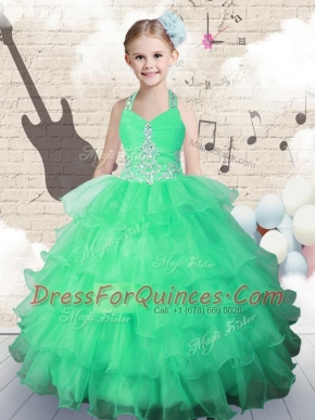 Custom Designed Halter Top Sleeveless Flower Girl Dresses Floor Length Beading and Ruffled Layers Green Organza