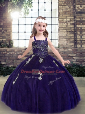 Purple Sleeveless Appliques Floor Length Little Girl Pageant Gowns