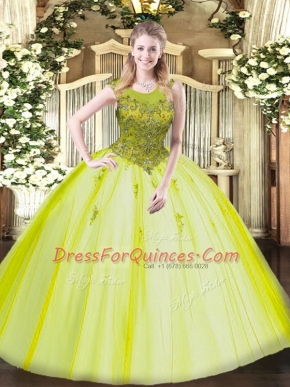 Yellow Green Ball Gowns Tulle Scoop Sleeveless Beading Floor Length Zipper Ball Gown Prom Dress