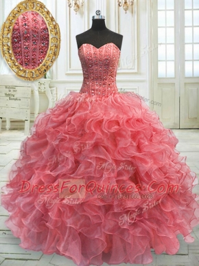 Sophisticated Watermelon Red Sleeveless Floor Length Beading and Ruffles Lace Up Sweet 16 Dresses