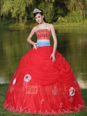 Tulle Strapless Red For Girl With Flower Beaded Quinceanera Dress  Decorate