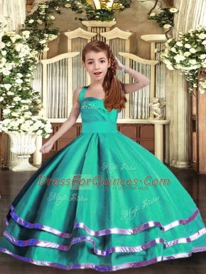 Eye-catching Floor Length Lace Up Pageant Gowns For Girls Turquoise for Party and Wedding Party with Ruffled Layers