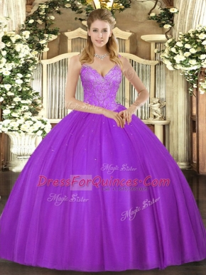 Top Selling Sleeveless Floor Length Beading Lace Up Quinceanera Gowns with Eggplant Purple