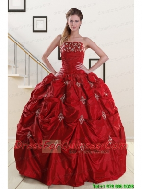 Discount Strapless Wine Red Appliques Quinceanera Dresses for 2015