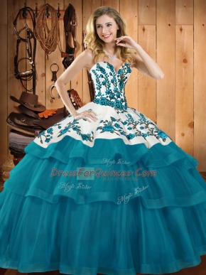 Perfect Teal Quince Ball Gowns Sweetheart Sleeveless Sweep Train Lace Up