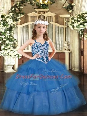 Baby Blue Girls Pageant Dresses Party and Quinceanera with Beading and Ruffled Layers Straps Sleeveless Lace Up