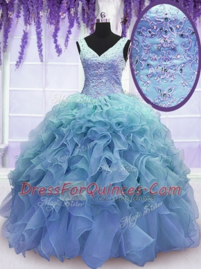 Spectacular Blue V-neck Neckline Beading and Embroidery and Ruffles Quinceanera Gowns Sleeveless Lace Up