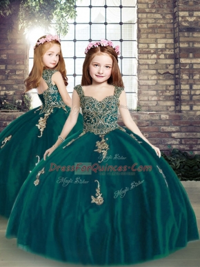 Peacock Green Pageant Gowns For Girls Party and Wedding Party with Appliques Straps Sleeveless Lace Up