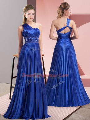 Empire Prom Gown Royal Blue One Shoulder Chiffon Sleeveless Floor Length Backless