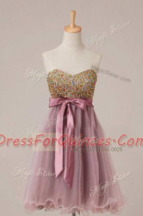 Sequins Pink Sleeveless Tulle Zipper Prom Party Dress for Prom